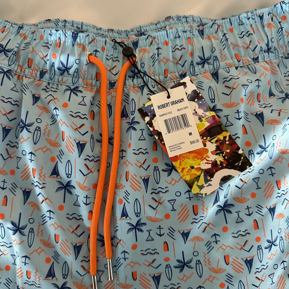 Robert Graham Light Blue Swim Trunks with Orange Liner and Navy Accents